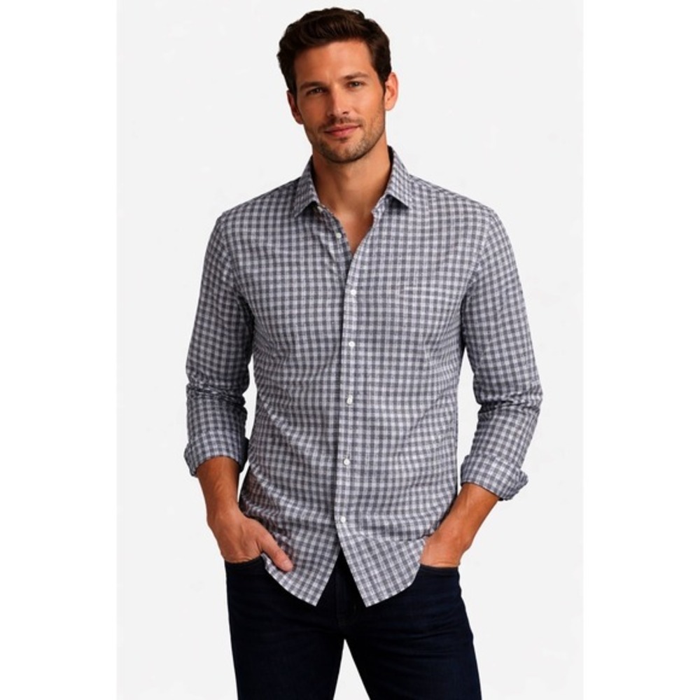 Murano Slim Fit Gingham Button Down Shirt Blue White Cotton Long Sleeve XL 76-30